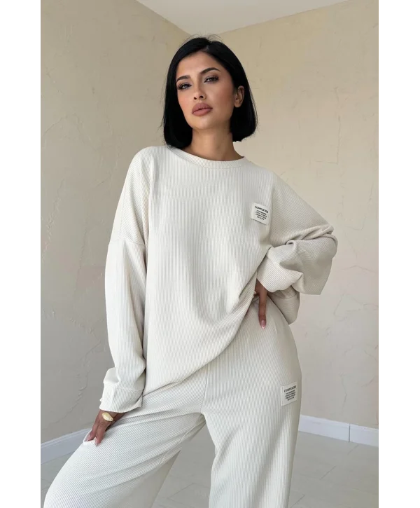 Fitilli Kazak ve Pantolon Takım - Krem