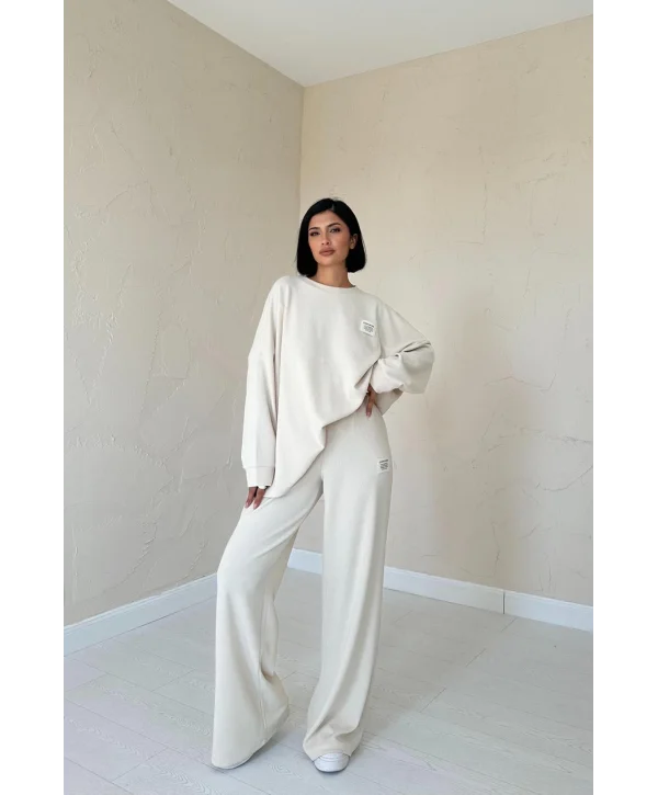 Fitilli Kazak ve Pantolon Takım - Krem