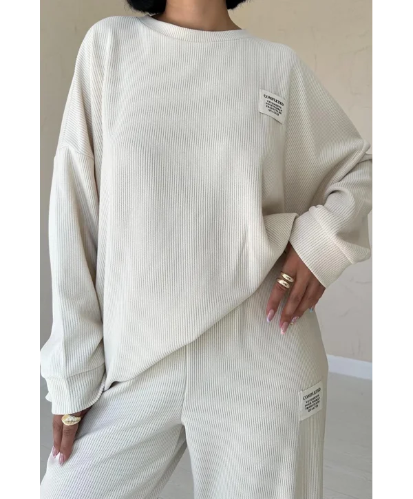 Fitilli Kazak ve Pantolon Takım - Krem