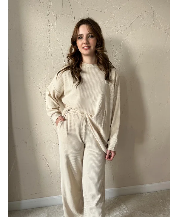 Fitilli Kazak ve Pantolon Takım - Krem