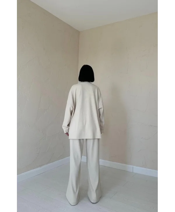 Fitilli Kazak ve Pantolon Takım - Krem