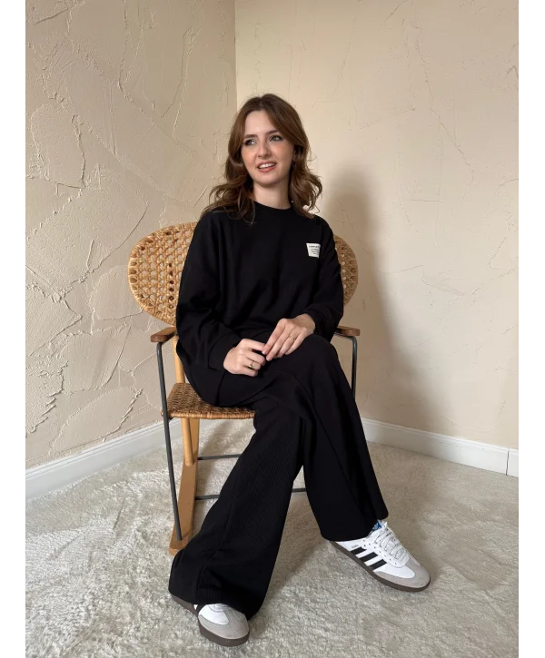 Fitilli Kazak ve Pantolon Takım - Siyah