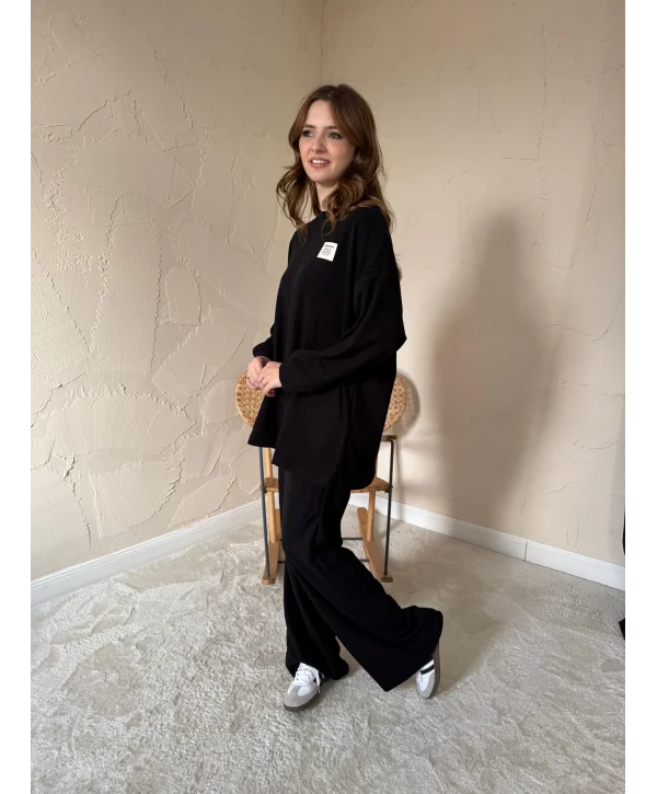 Fitilli Kazak ve Pantolon Takım - Siyah