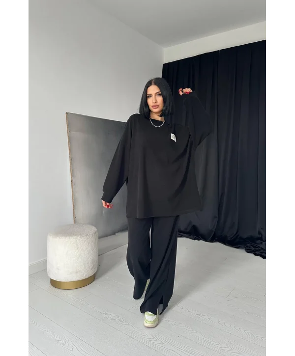 Fitilli Kazak ve Pantolon Takım - Siyah