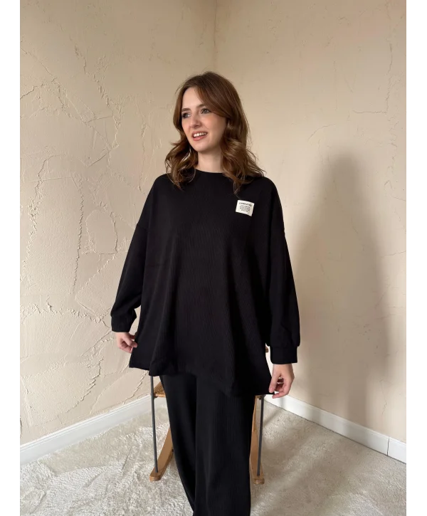 Fitilli Kazak ve Pantolon Takım - Siyah