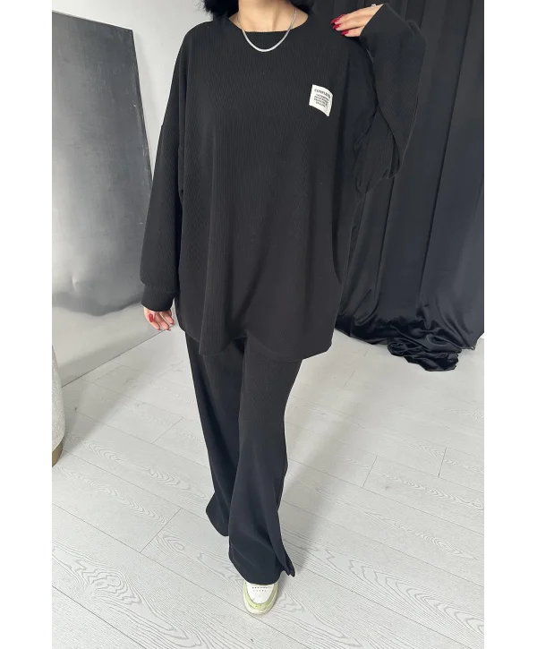 Fitilli Kazak ve Pantolon Takım - Siyah