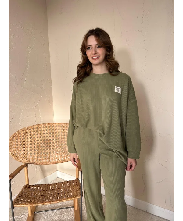 Fitilli Kazak ve Pantolon Takım - Yeşil