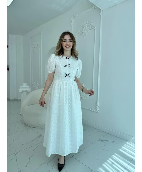 Fiyonk Detaylı Balon Kollu Fisto Elbise