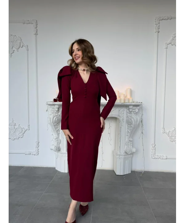 Fiyonk Detaylı Düğme Ayrıntılı Zarif Bordo Elbise