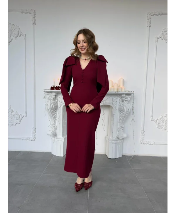 Fiyonk Detaylı Düğme Ayrıntılı Zarif Bordo Elbise