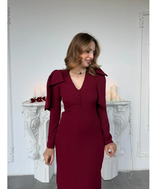 Fiyonk Detaylı Düğme Ayrıntılı Zarif Bordo Elbise