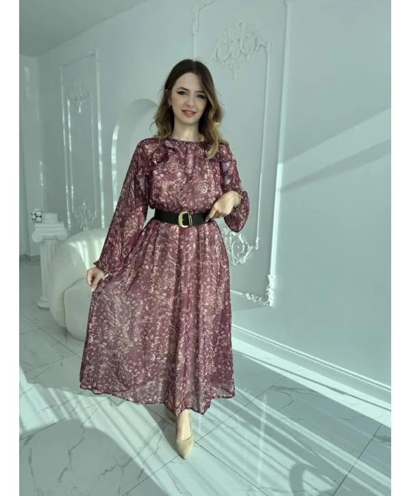 Floral Desenli Uzun Kollu Şifon Elbise