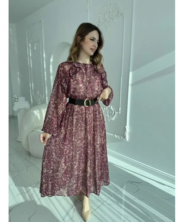 Floral Desenli Uzun Kollu Şifon Elbise