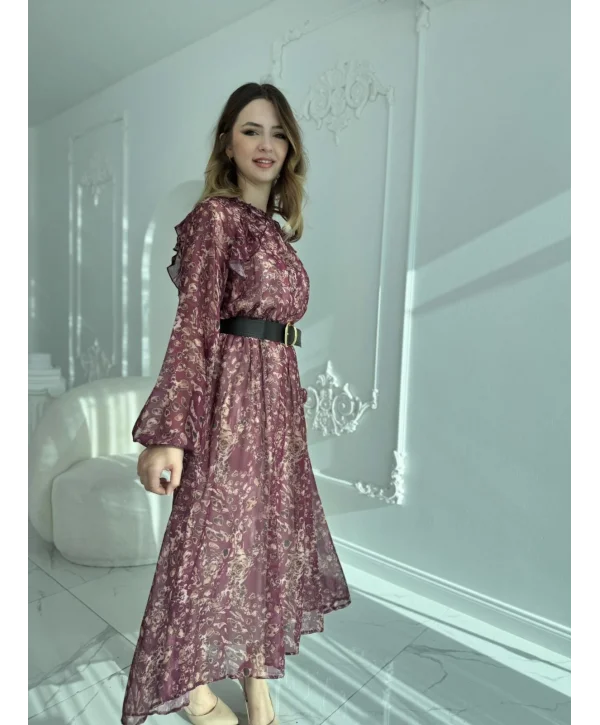 Floral Desenli Uzun Kollu Şifon Elbise