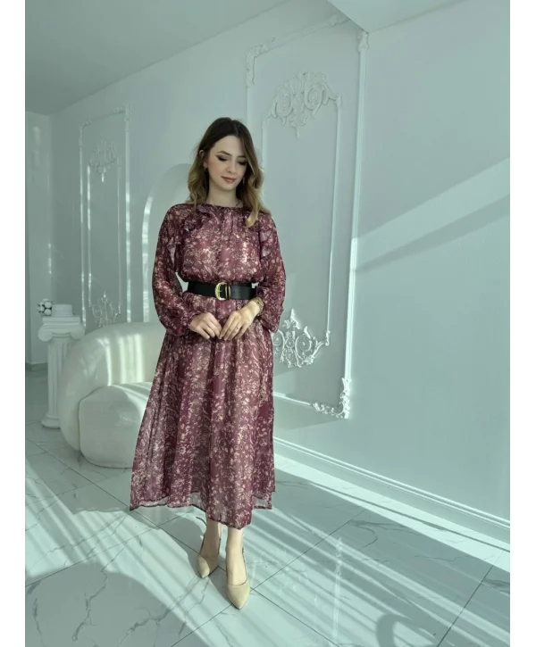 Floral Desenli Uzun Kollu Şifon Elbise