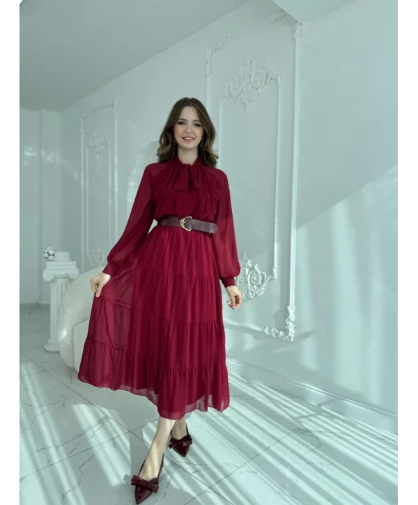 Fular Yaka Detaylı Kemerli Şifon Bordo Elbise
