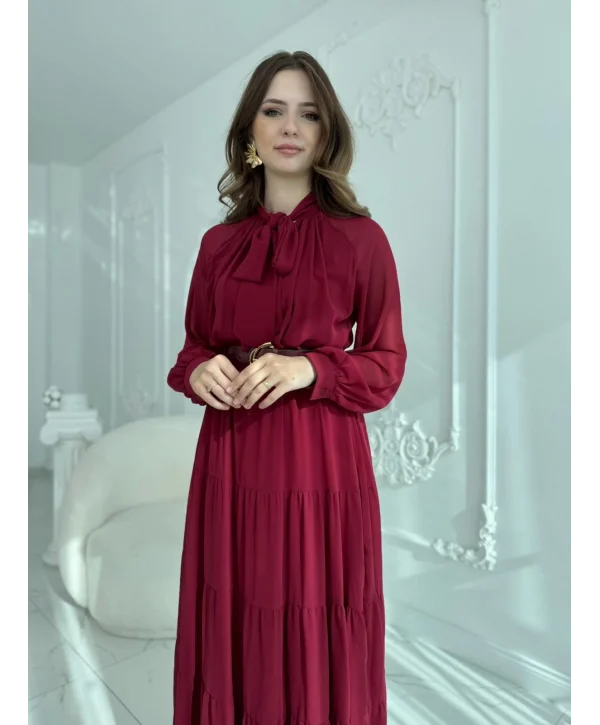 Fular Yaka Detaylı Kemerli Şifon Bordo Elbise