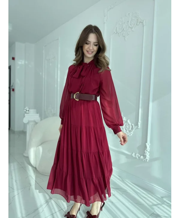 Fular Yaka Detaylı Kemerli Şifon Bordo Elbise