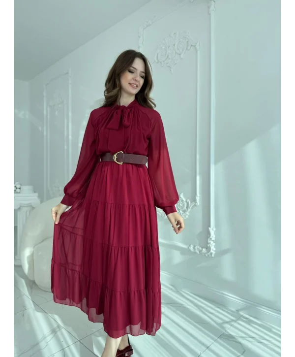 Fular Yaka Detaylı Kemerli Şifon Bordo Elbise