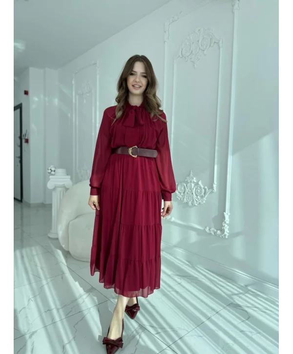 Fular Yaka Detaylı Kemerli Şifon Bordo Elbise
