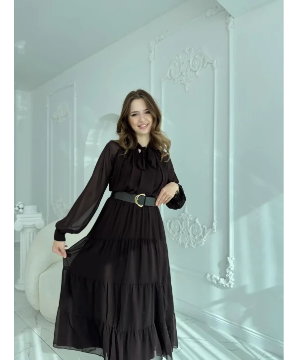 Fular Yaka Detaylı Kemerli Şifon Kahve Elbise