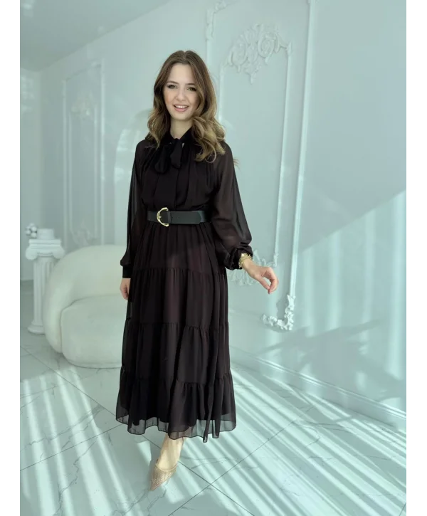 Fular Yaka Detaylı Kemerli Şifon Kahve Elbise