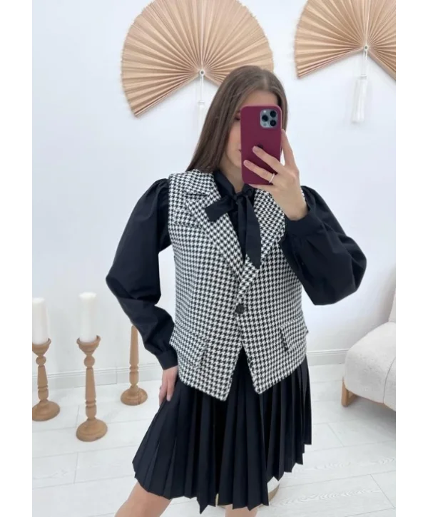 Fular Yaka Yelekli Takım - Siyah