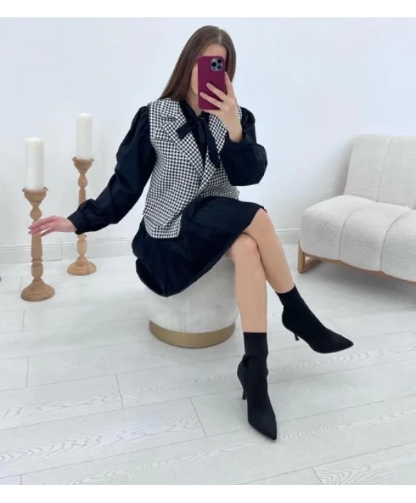 Fular Yaka Yelekli Takım - Siyah