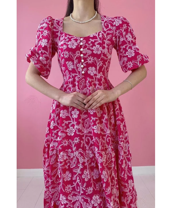 Fuşya Nakış İşlemeli Brode Elbise