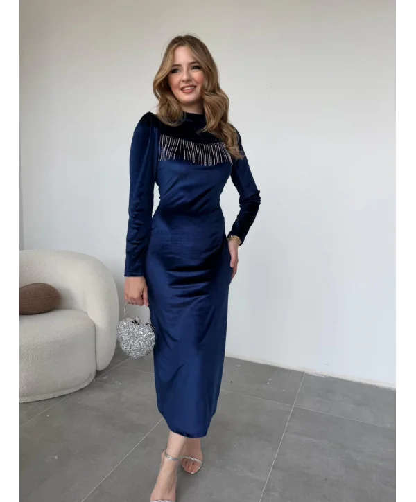 Göğüs Püskül Detaylı Kadife Lacivert Elbise