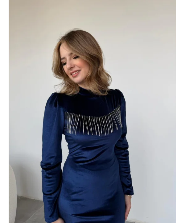 Göğüs Püskül Detaylı Kadife Lacivert Elbise