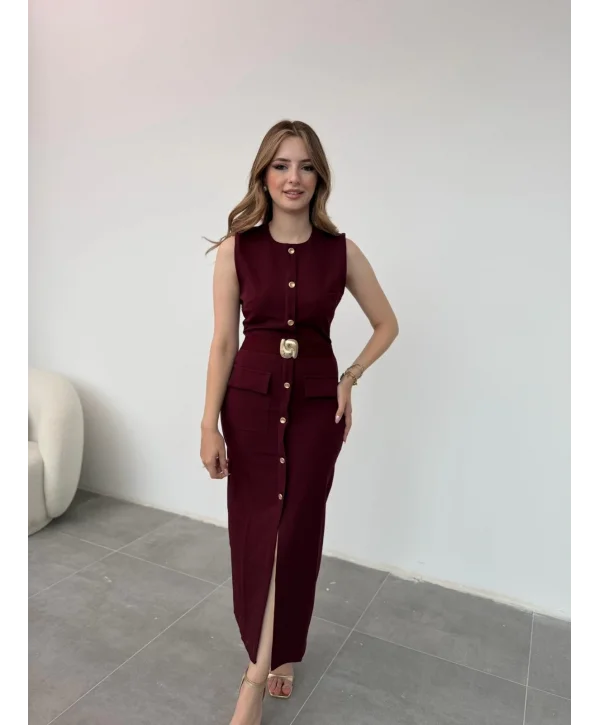 Gold Aksesuar Detaylı Zarif Kalem Bordo Elbise