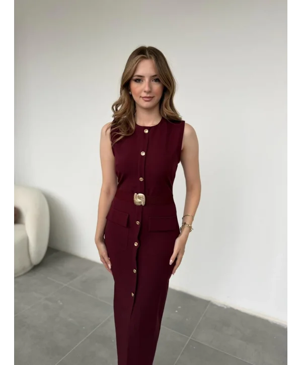 Gold Aksesuar Detaylı Zarif Kalem Bordo Elbise