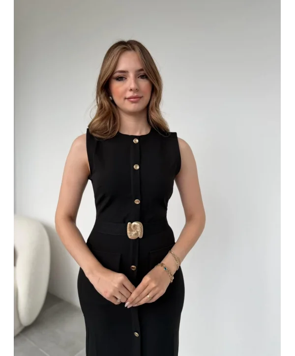 Gold Aksesuar Detaylı Zarif Kalem Siyah Elbise