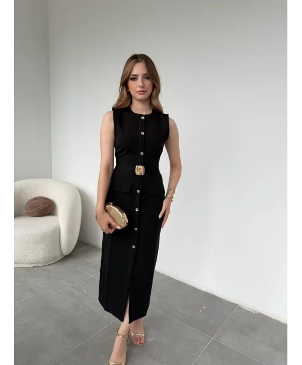 Gold Aksesuar Detaylı Zarif Kalem Siyah Elbise