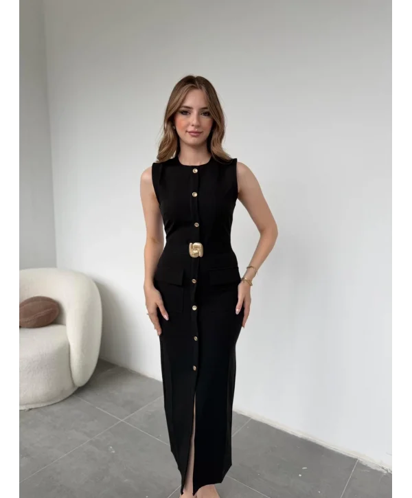 Gold Aksesuar Detaylı Zarif Kalem Siyah Elbise