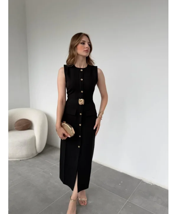 Gold Aksesuar Detaylı Zarif Kalem Siyah Elbise