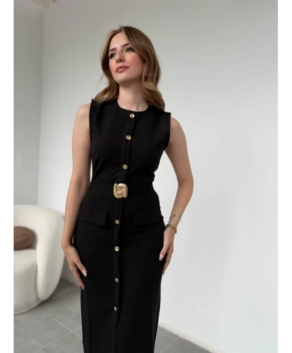 Gold Aksesuar Detaylı Zarif Kalem Siyah Elbise