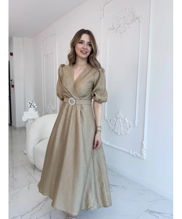 Gold Işıltılı Kemerli Kruvaze Elbise