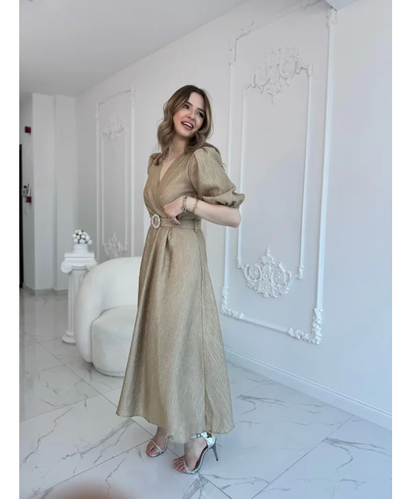 Gold Işıltılı Kemerli Kruvaze Elbise