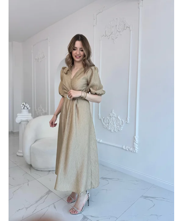 Gold Işıltılı Kemerli Kruvaze Elbise