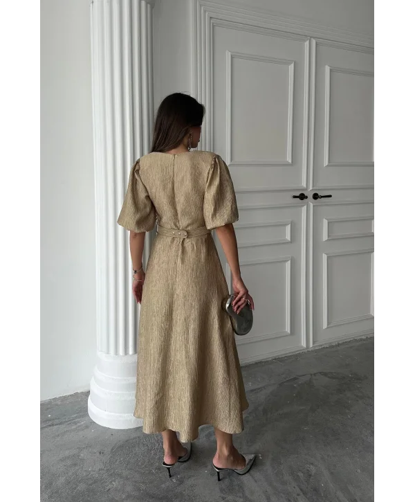 Gold Işıltılı Kemerli Kruvaze Elbise