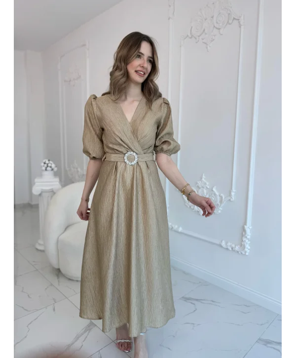 Gold Işıltılı Kemerli Kruvaze Elbise