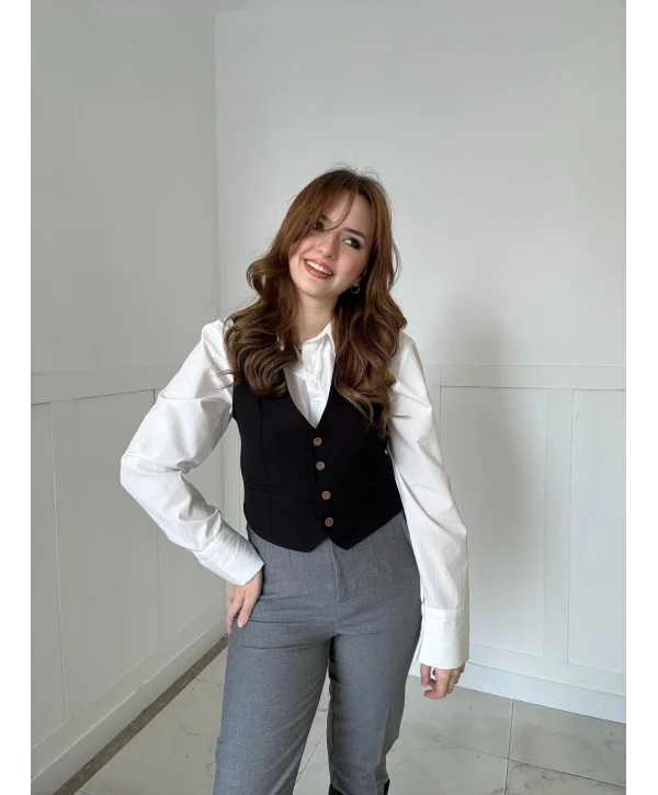 GRİ PENSLİ PANTOLON&SİYAH YELEK