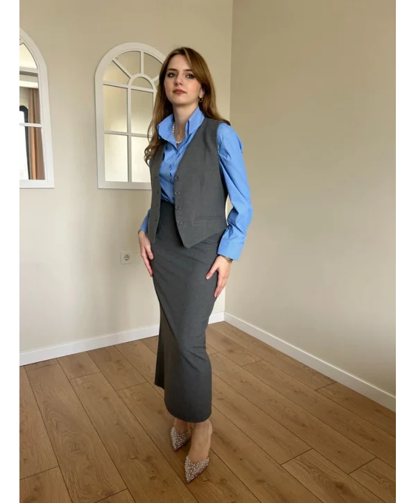 Gri Yelek Etek Takım