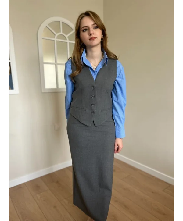 Gri Yelek Etek Takım