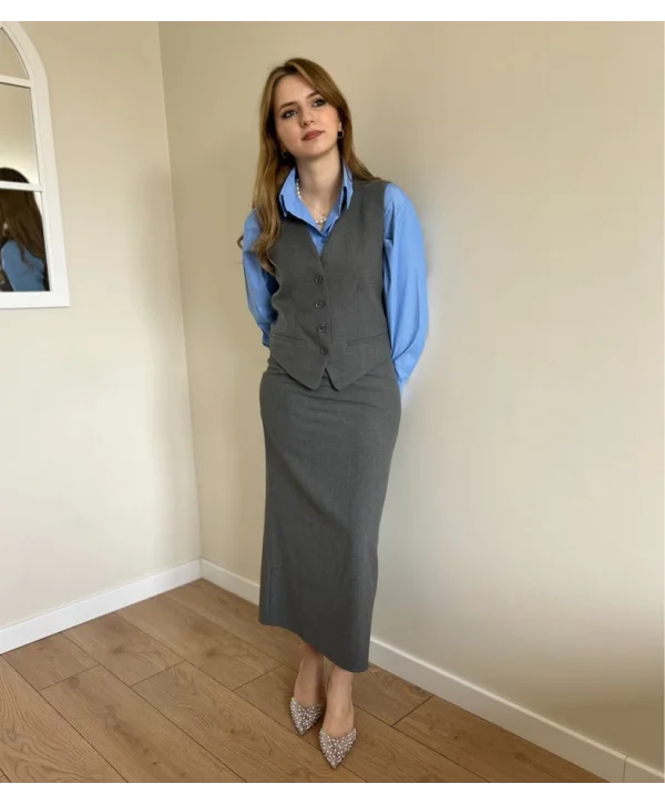 Gri Yelek Etek Takım