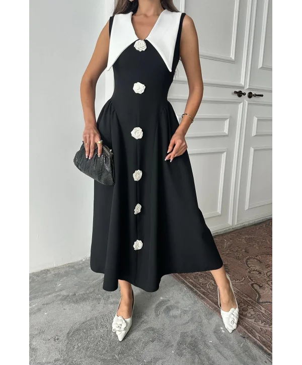 Gül Detaylı Atlas SiyahElbise