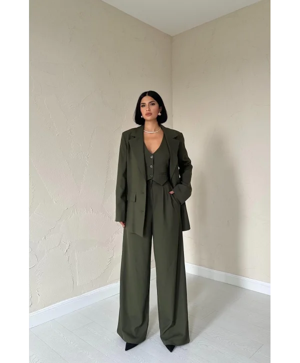 Haki Klas Ceket ve Yelek ve Pantolon Takım