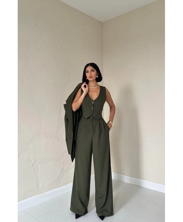 Haki Klas Ceket ve Yelek ve Pantolon Takım